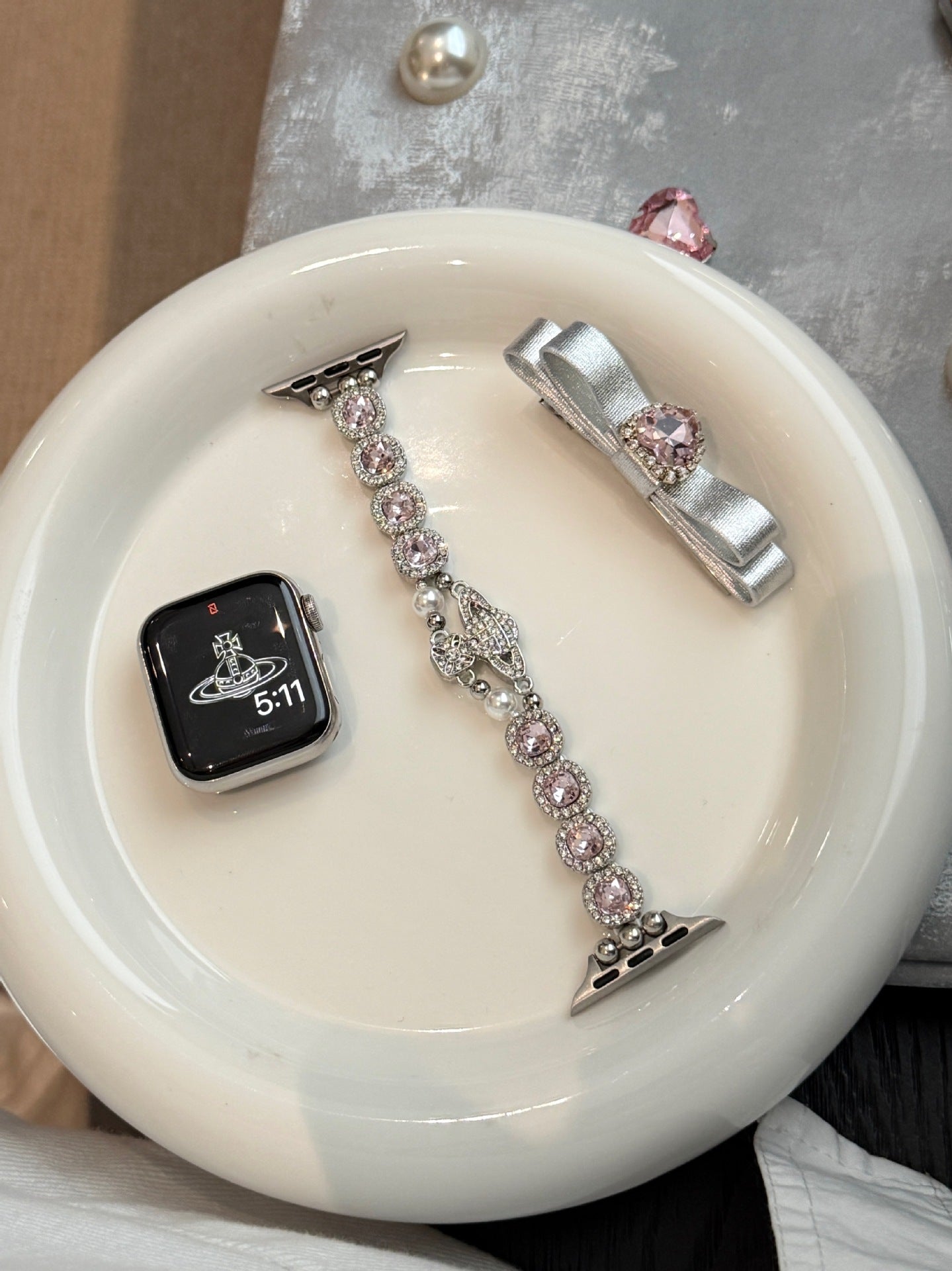 Orbitis Crystal Elastic Watch Band Pink Silver