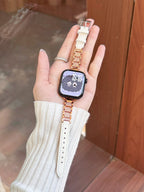 Crystal Link Leather Watch Band White-rose gold