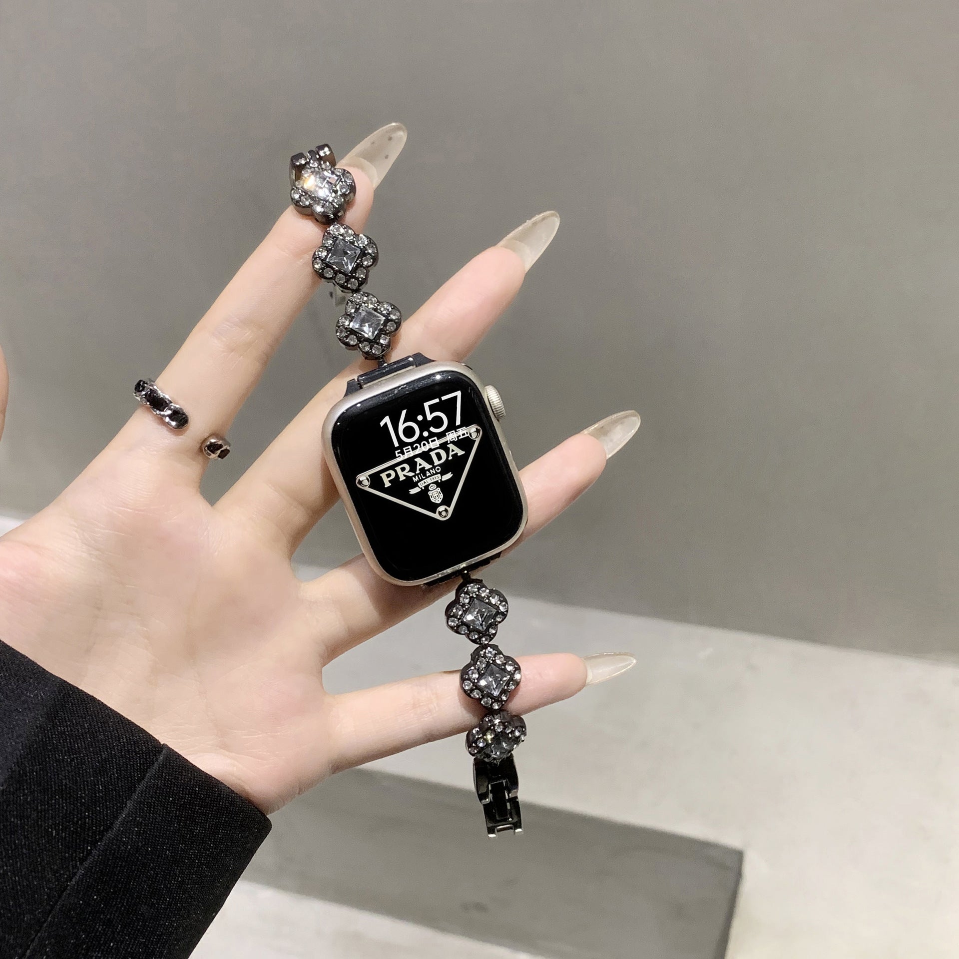 Crystal Clover Link Watch Band Black Clear Crystal