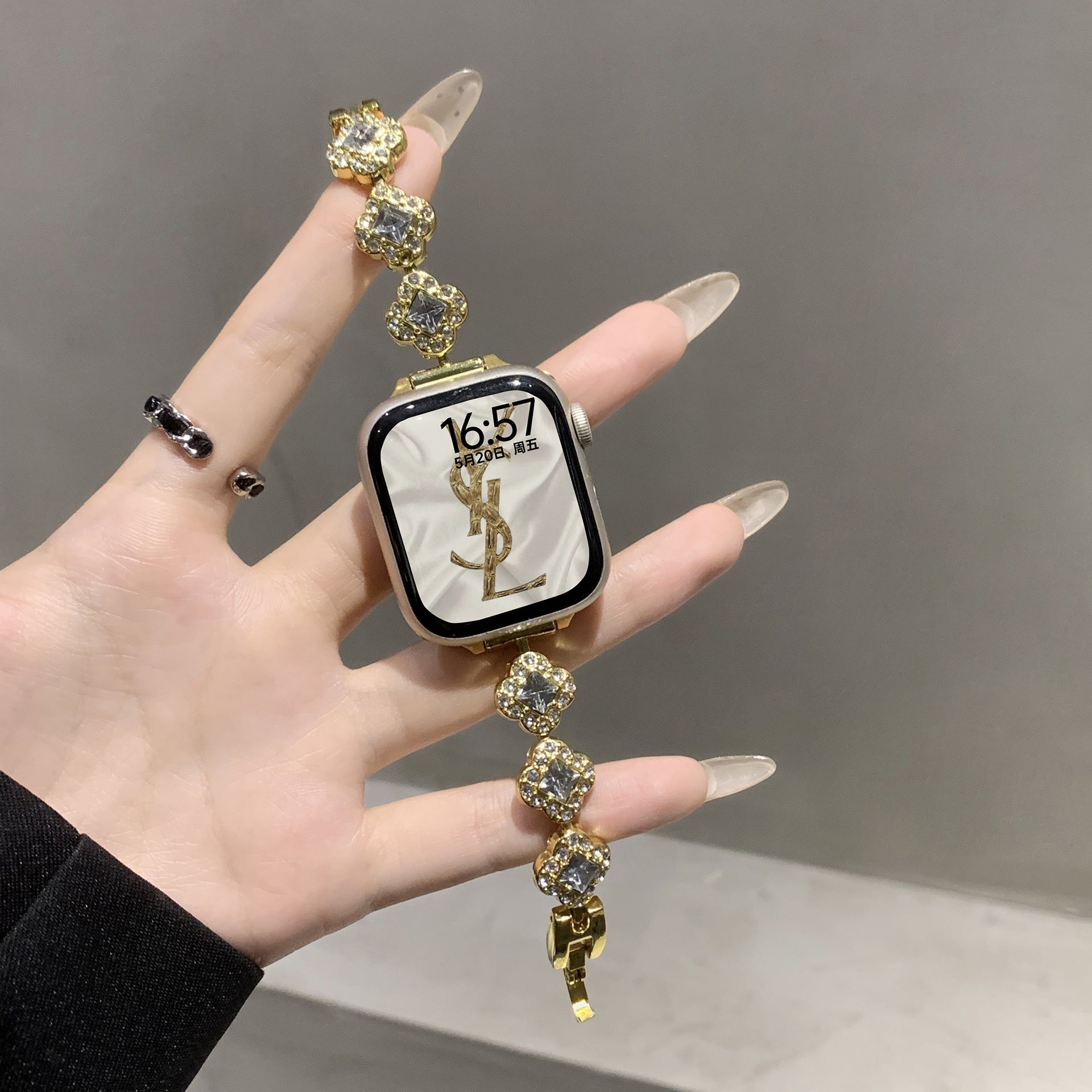 Crystal Clover Link Watch Band Gold Clear Crystal