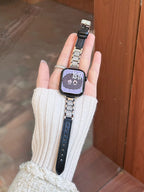 Crystal Link Leather Watch Band Black-Silver