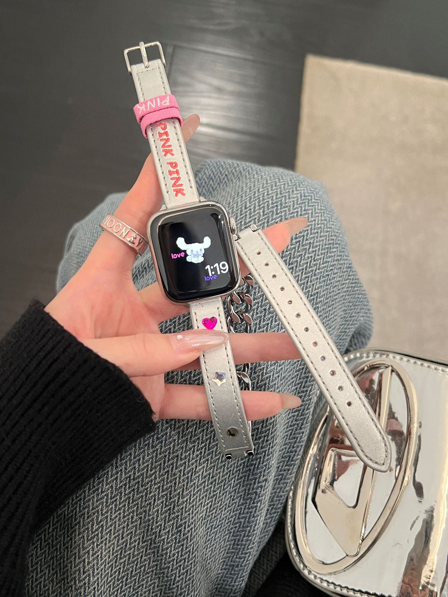 Loopia Chain Leather Double-Loop Watch Band Silver Rhinestone