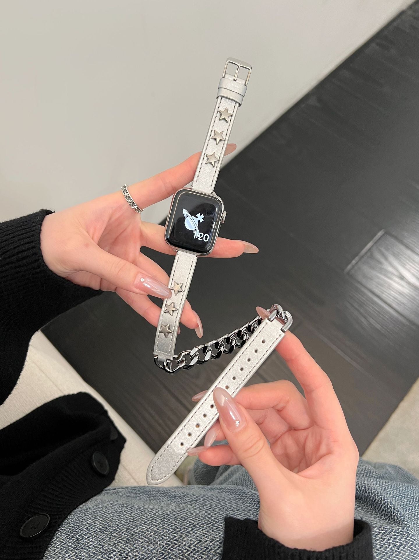 Loopia Chain Leather Double-Loop Watch Band Silver Star