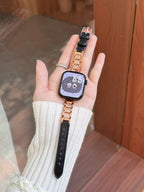 Crystal Link Leather Watch Band Black-Rose Gold