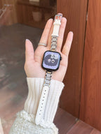 Crystal Link Leather Watch Band White-Silver