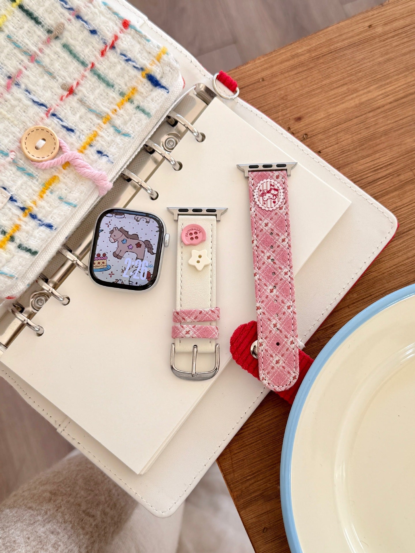 Plaid Pony Leather Watch Band White Pink