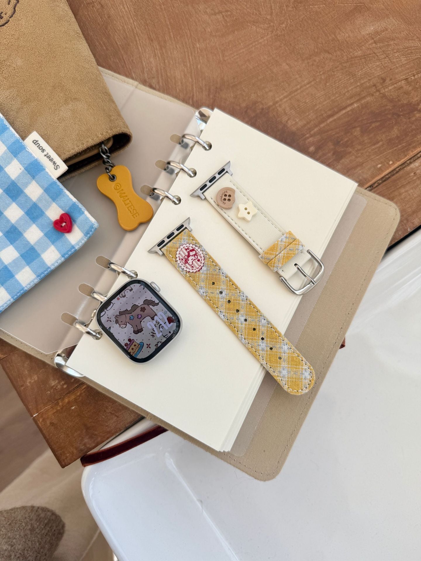 Plaid Pony Leather Watch Band White Yellow