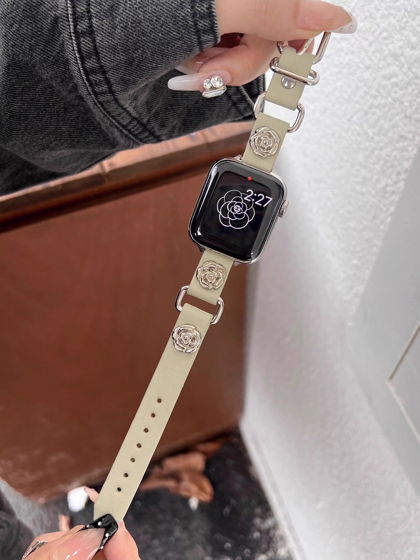 Thorn Stud Leather Watch Band Ivory Camellia