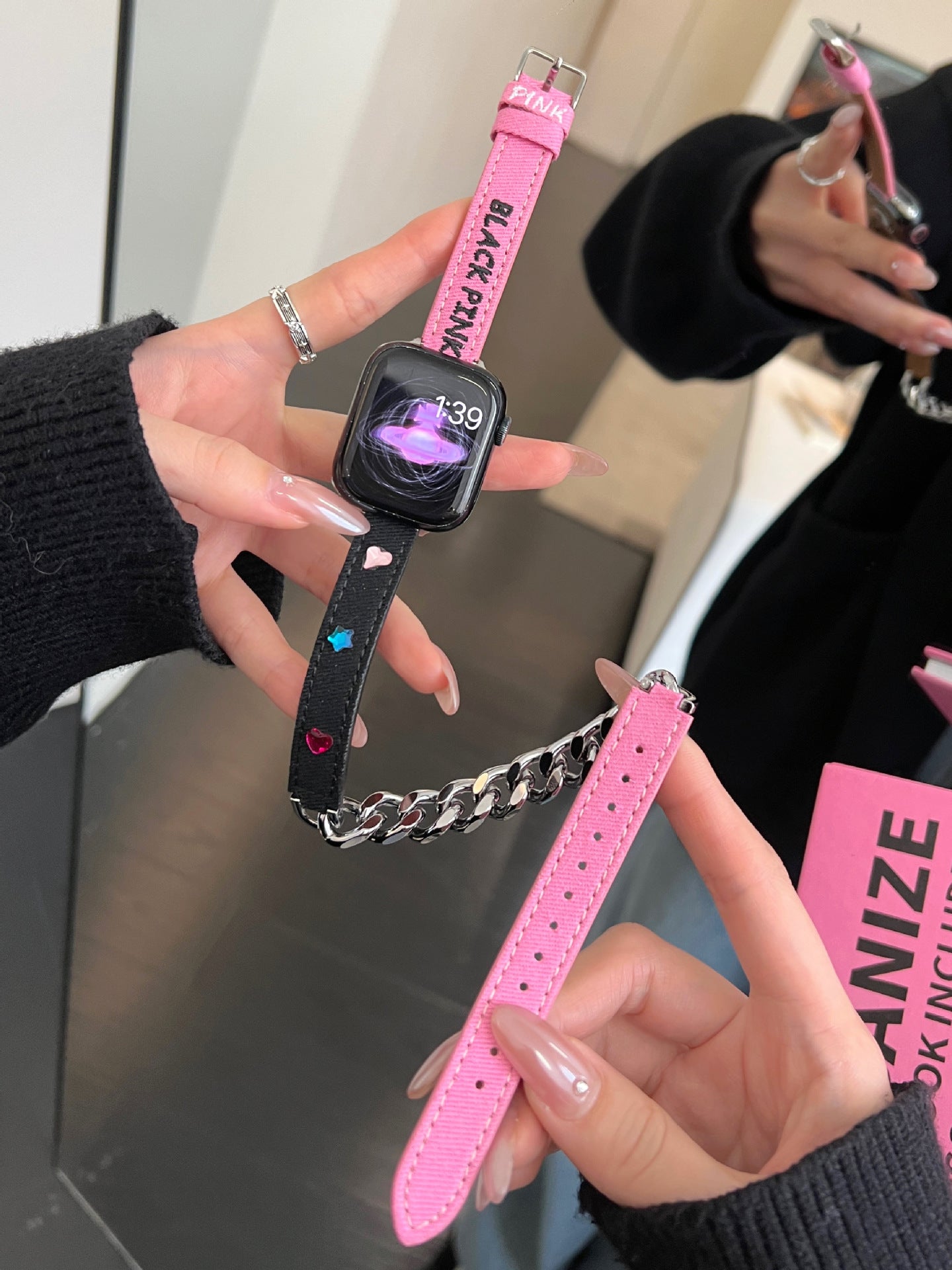 Loopia Chain Leather Double-Loop Watch Band Black Pink Rhinestone