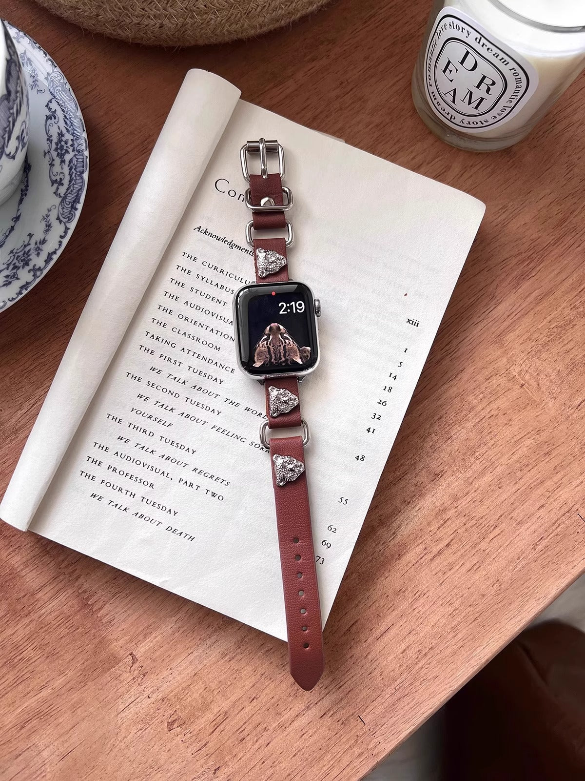 Thorn Stud Leather Watch Band Brown Leopard Head