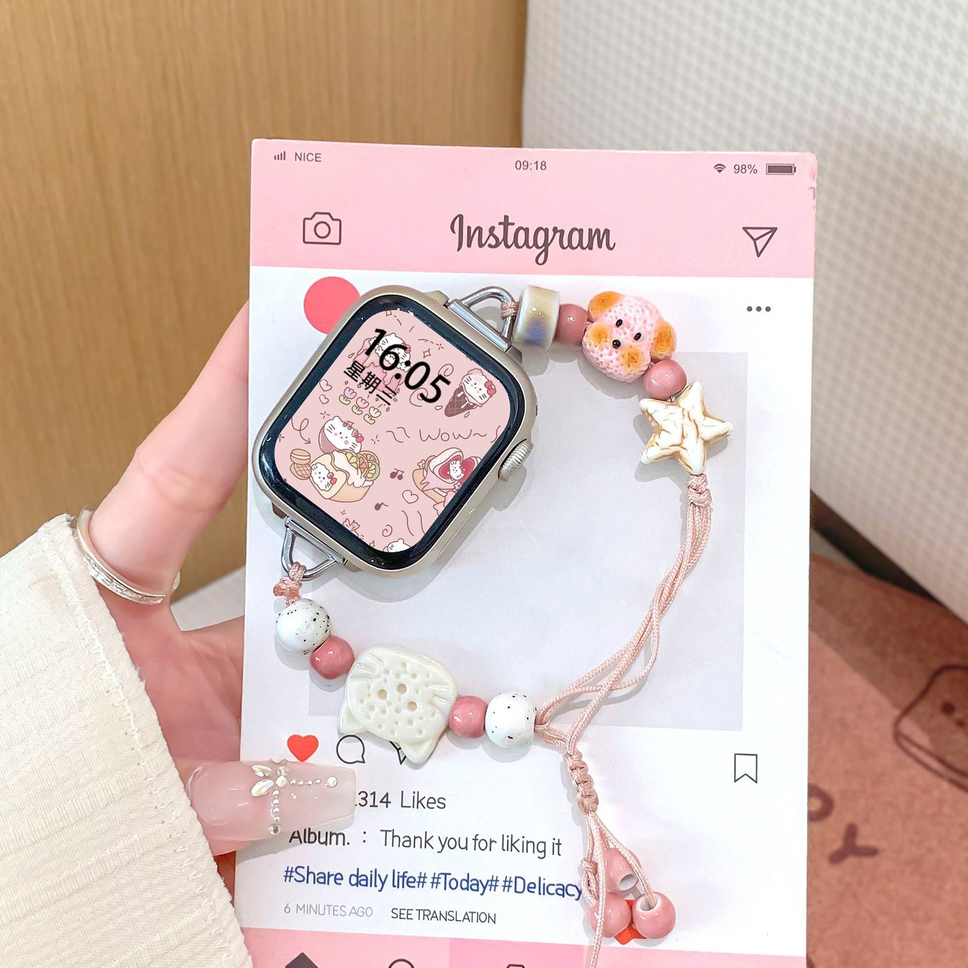 Crumbel Bead Chain Watch Band Blush Rope