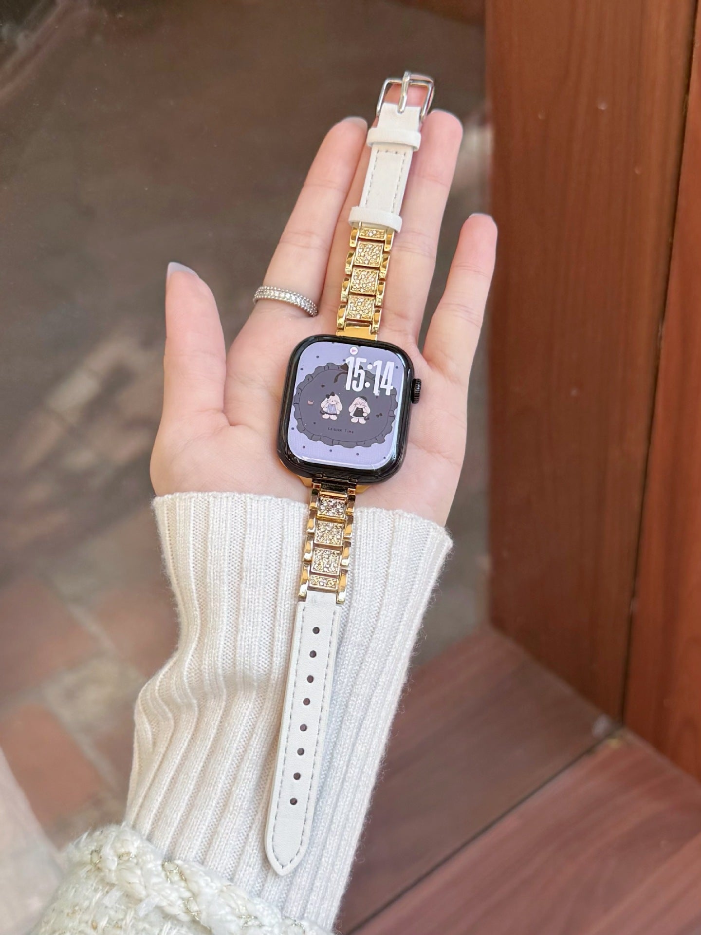 Crystal Link Leather Watch Band White-Gold