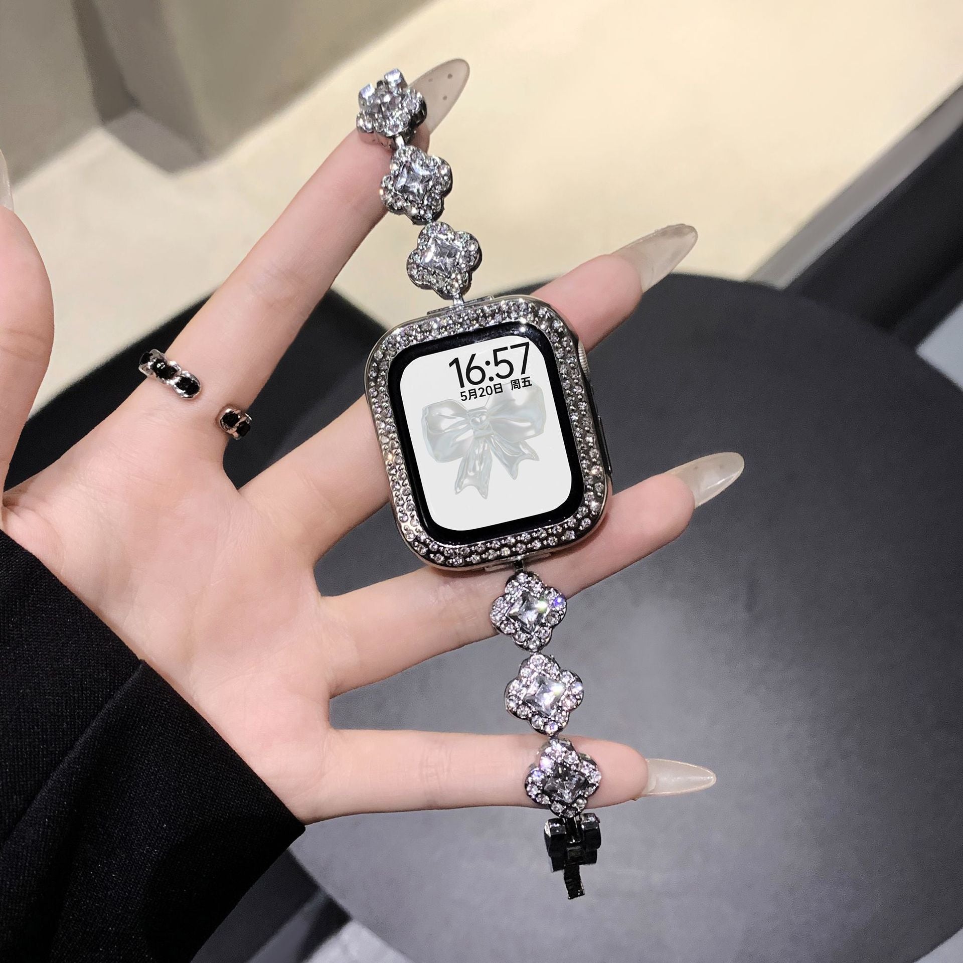 Crystal Clover Link Watch Band Silver Clear Crystal