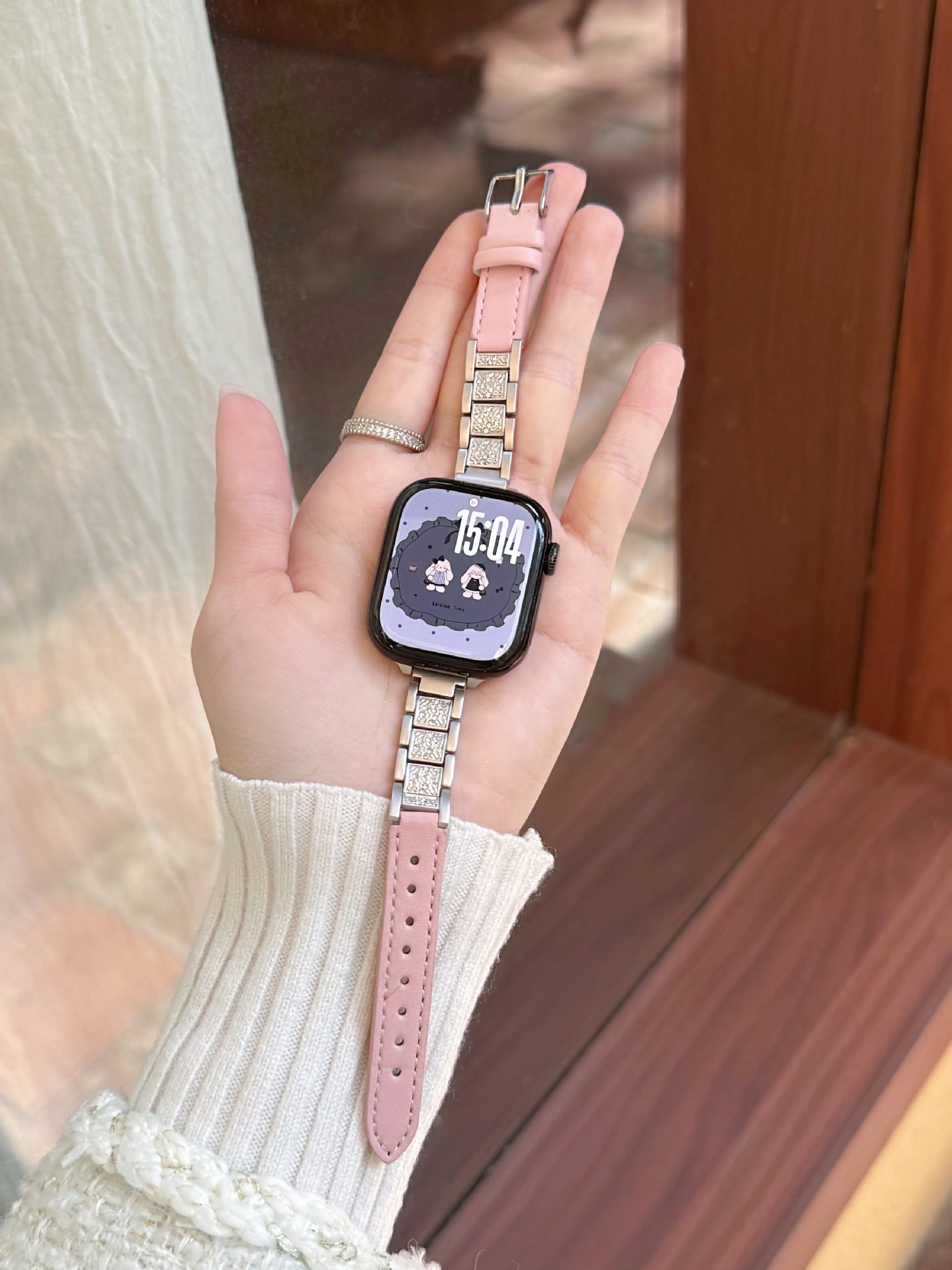 Crystal Link Leather Watch Band Pink-Starlight