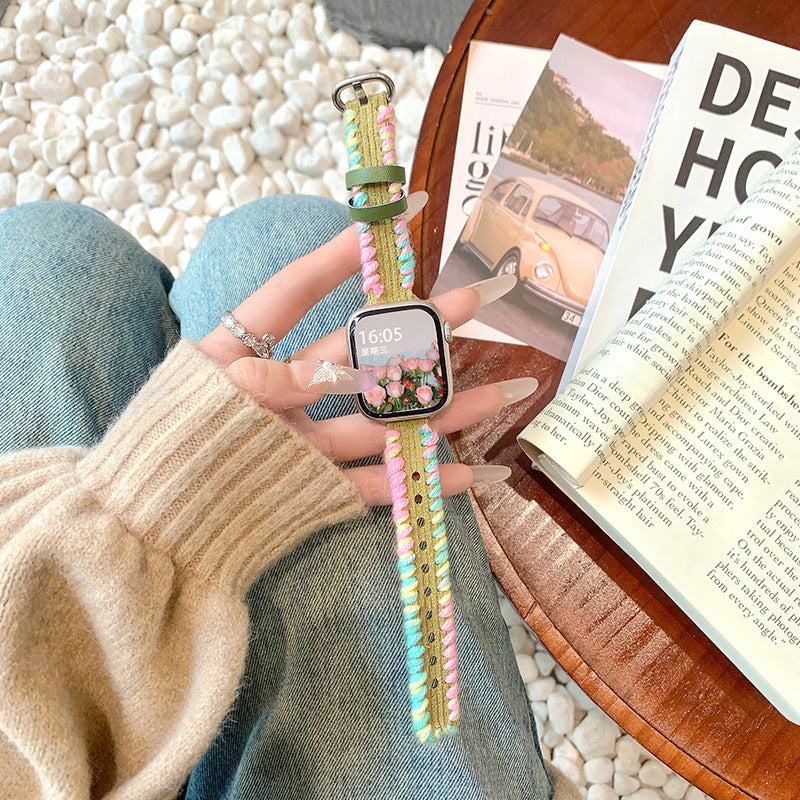 Strata Woven Fiber Watch Band Avocado Green (Violet–Blue Wrap)