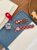 Plaid Pony Leather Watch Band Red Brown