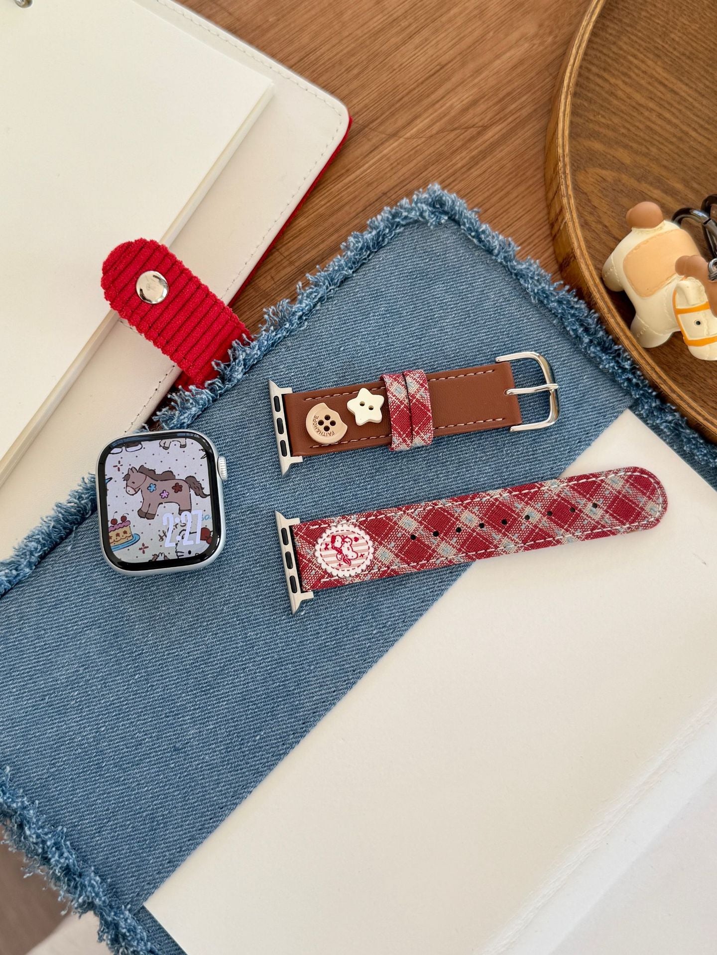 Plaid Pony Leather Watch Band Red Brown