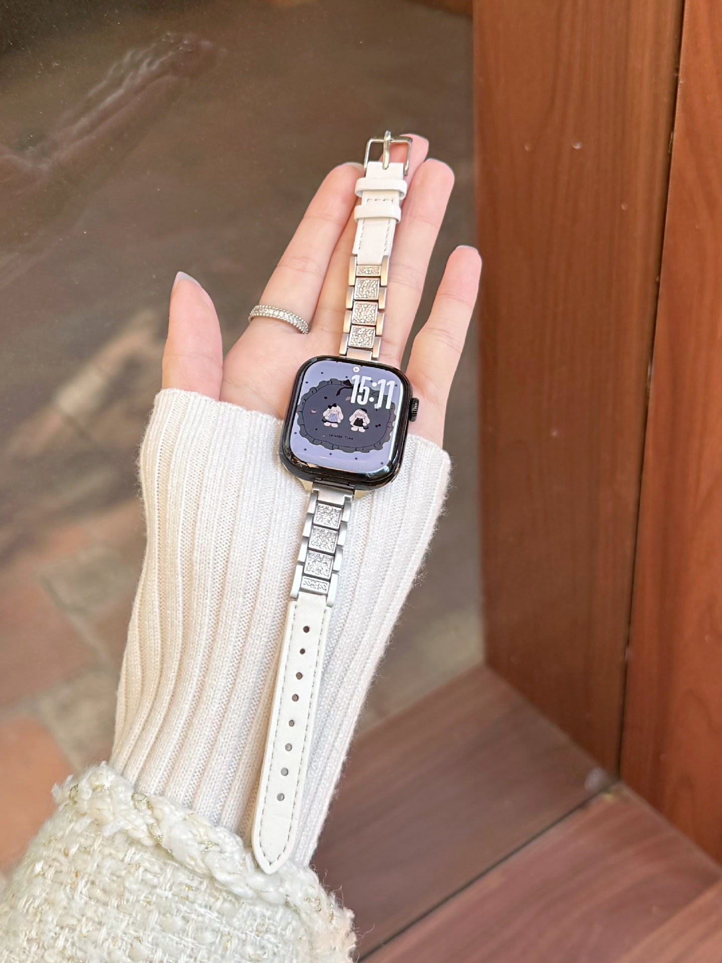 Crystal Link Leather Watch Band White-Starlight