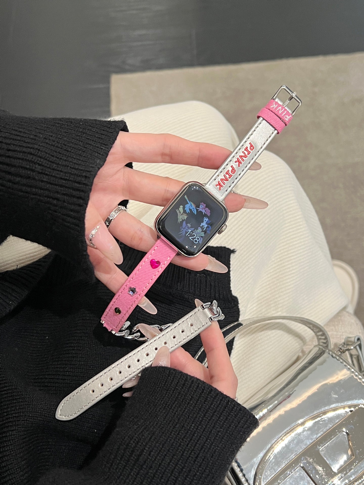 Loopia Chain Leather Double-Loop Watch Band Silver Pink Rhinestone