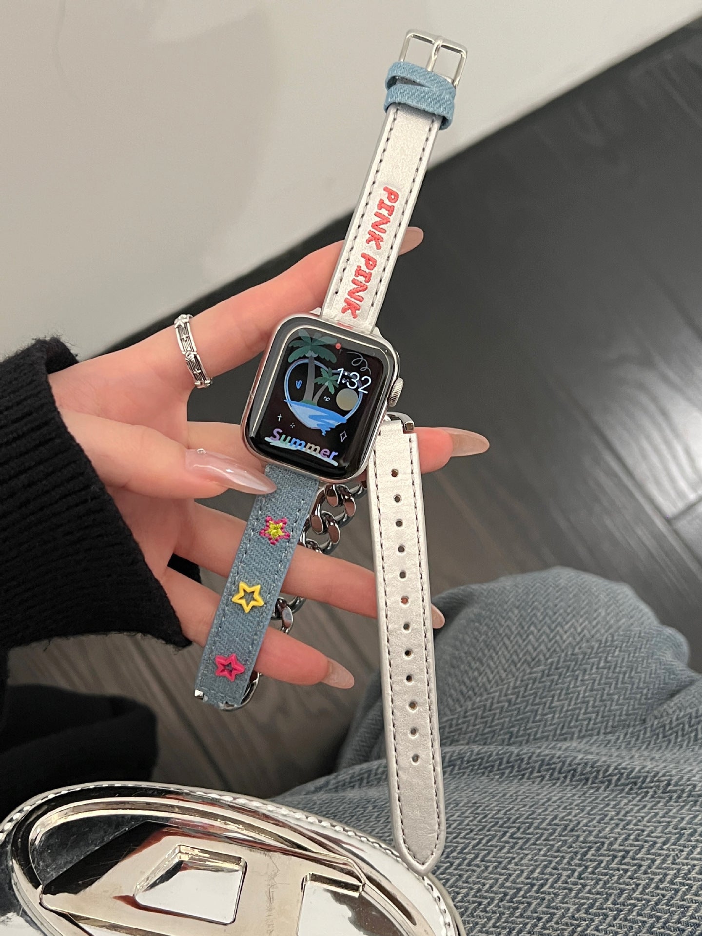 Loopia Chain Leather Double-Loop Watch Band Denim Silver Mix