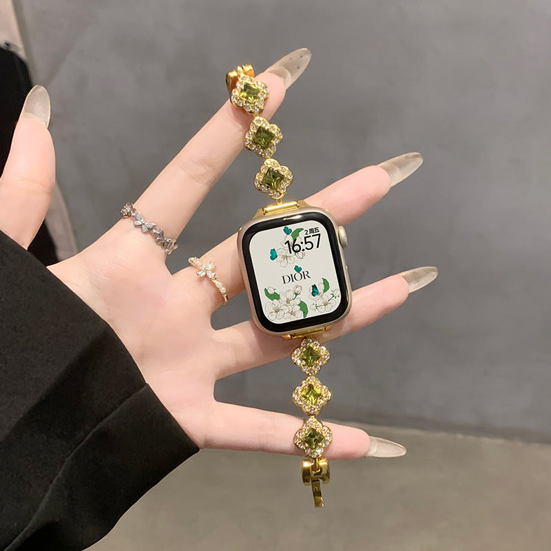 Crystal Clover Link Watch Band Gold Green Crystal