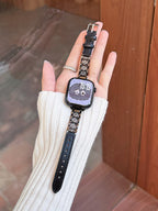 Crystal Link Leather Watch Band Black-Black