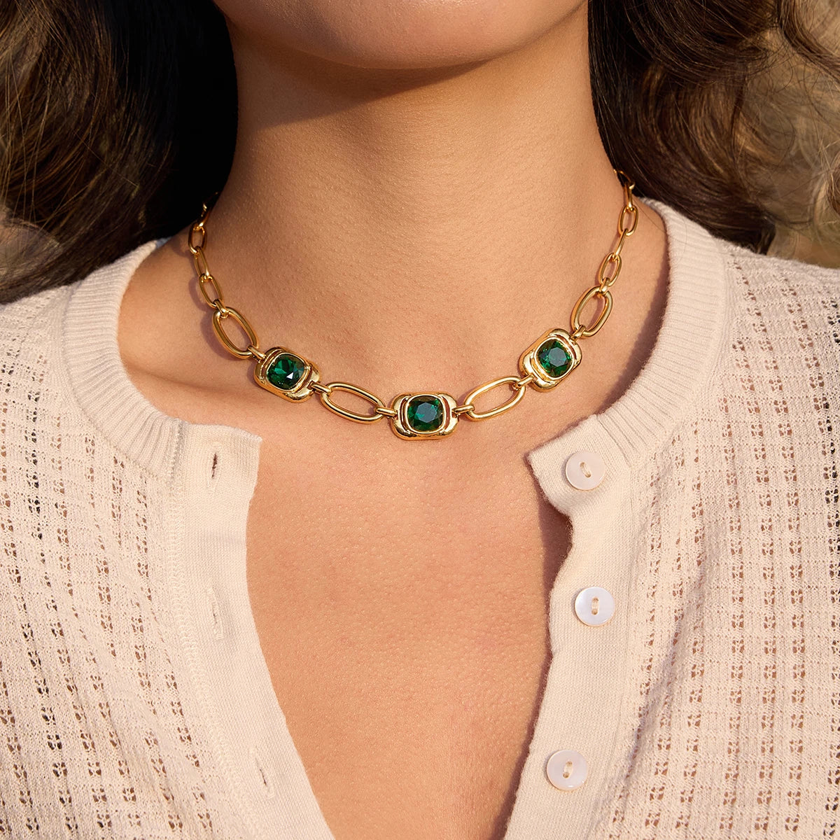 Verdant Halo Crystal Paperclip Chain Necklace