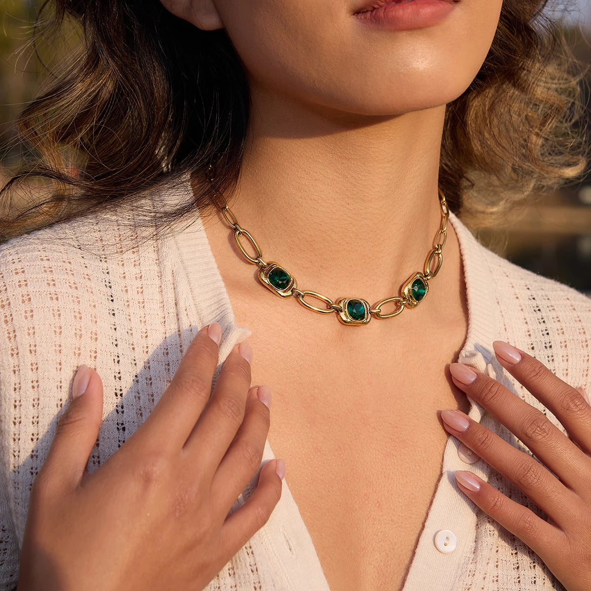 Verdant Halo Crystal Paperclip Chain Necklace